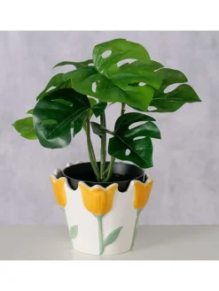 Osłonka "Lisette" w kolorze biało-żółtym na doniczkę - wys. 8,5 x Ø 11 cm