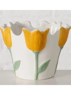Osłonka "Lisette" w kolorze biało-żółtym na doniczkę - wys. 8,5 x Ø 11 cm