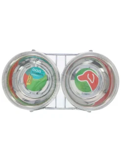 Podwójna miska w kolorze srebrnym na karmę/wodę - 2 x 550 ml